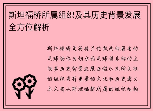 斯坦福桥所属组织及其历史背景发展全方位解析
