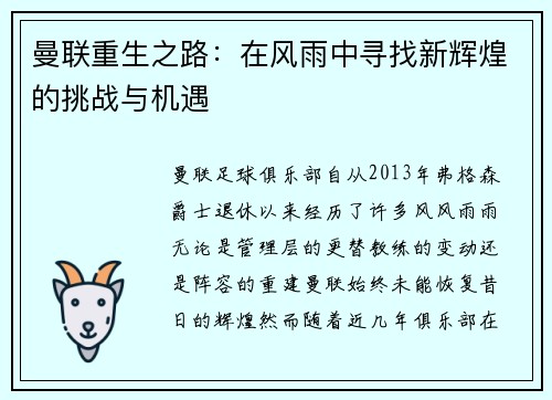 曼联重生之路:在风雨中寻找新辉煌的挑战与机遇 曼联重生之路:在风雨中寻找新辉煌的挑战与机遇