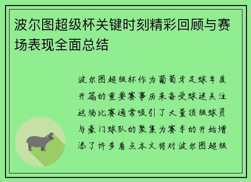 波尔图超级杯关键时刻精彩回顾与赛场表现全面总结