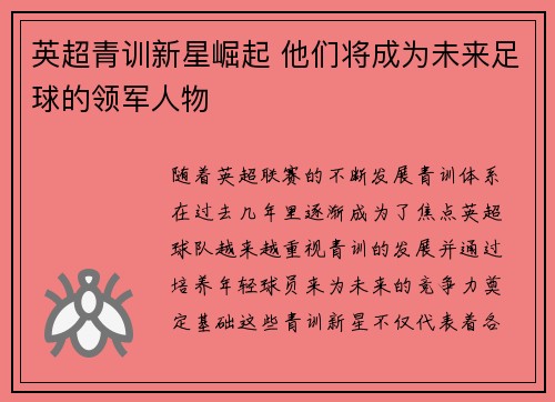 英超青训新星崛起 他们将成为未来足球的领军人物 英超青训新星崛起 他们将成为未来足球的领军人物